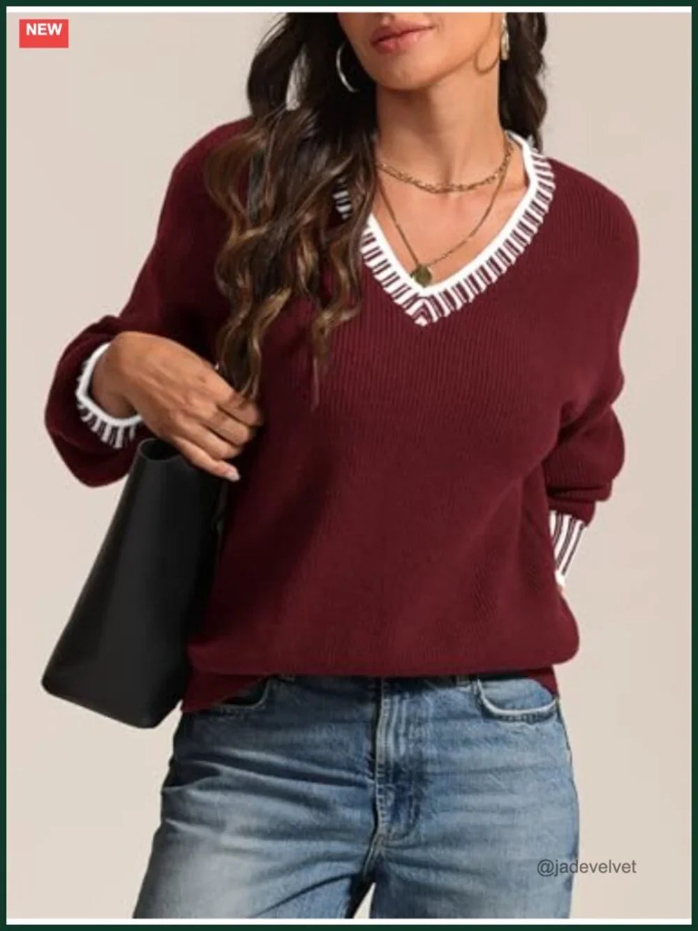Viscose Blend V-Neck Long Sleeve Chunky Knit Pullover Sweater Color Block